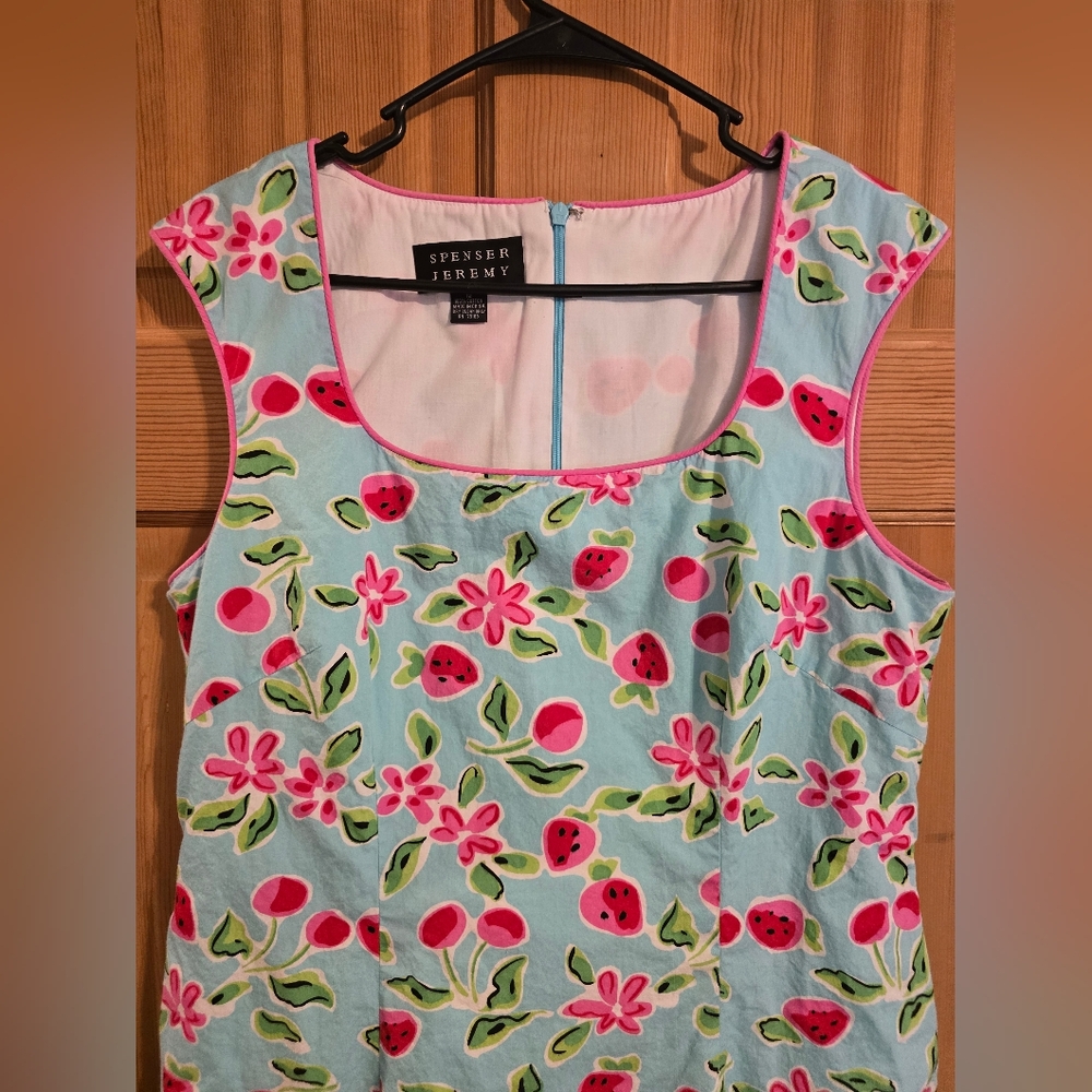 Floral Strawberry Cotton Dress Pink and White Shabby Chic Picnic Cruise Size 12 - Picture 5 of 6